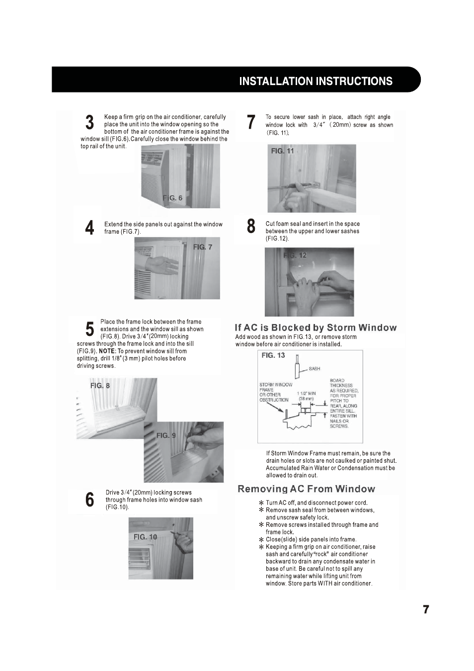 Installation instructions, If ac is blocked by storm window, Removing ac from window | Sharp 2020215A0343 User Manual | Page 7 / 20