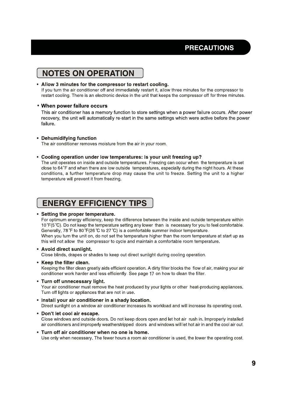 When power failure occurs, Dehumidifying function, Setting the proper temperature | Avoid direct sunlight, Keep the filter clean, Turn off unnecessary light, Install your air conditioner in a shady location, Don't let cool air escape, Turn off air conditioner when no one is home, Energy efficiency tips | Sharp 2020215A0343 User Manual | Page 9 / 20