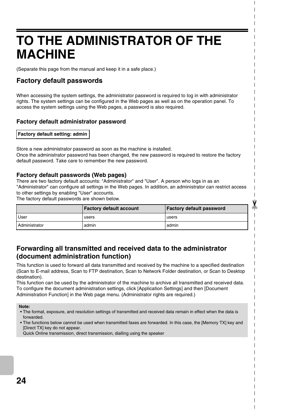 Factory default passwords | Sharp MX-M1100 User Manual | Page 26 / 32