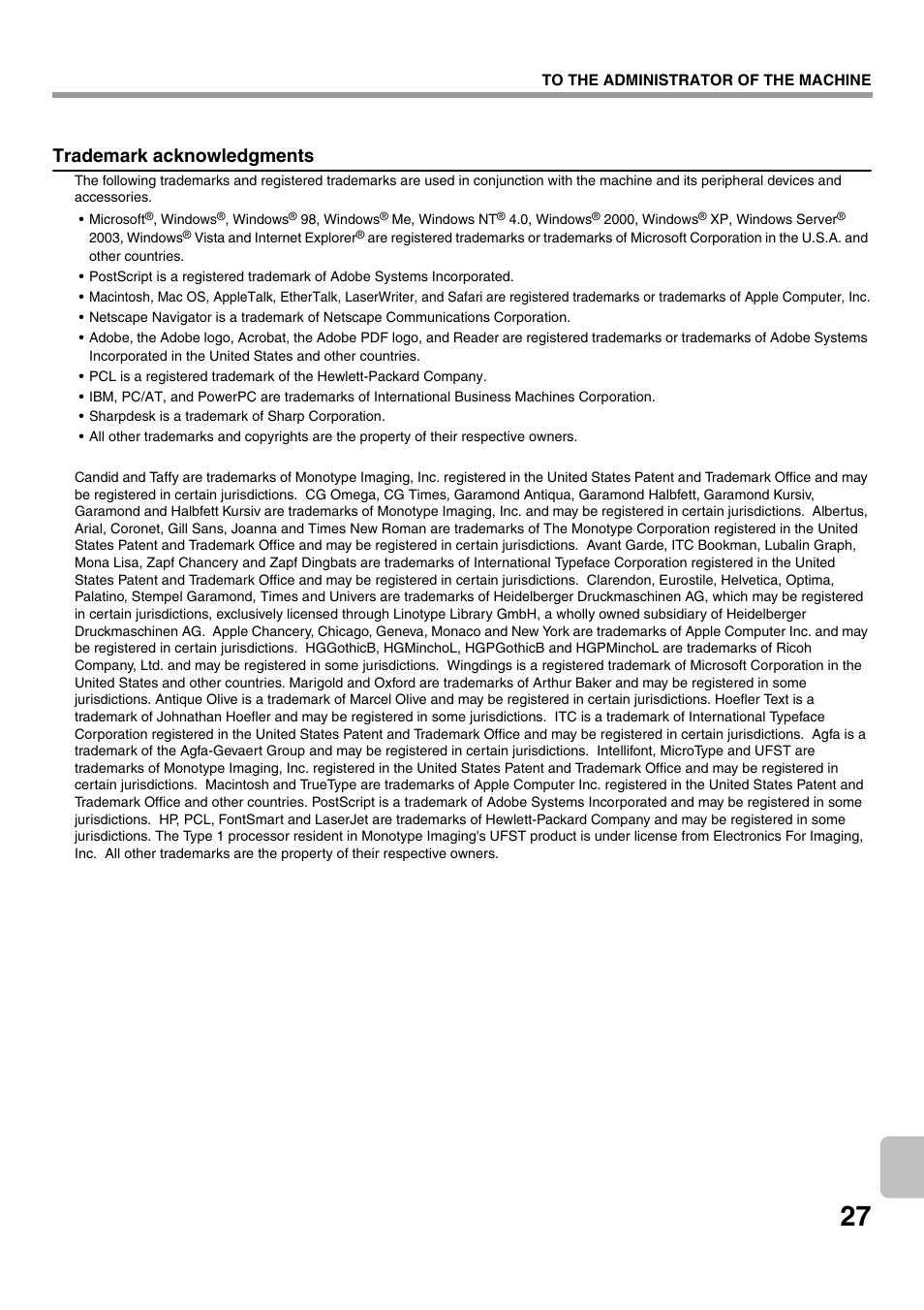 Trademark acknowledgments | Sharp MX-M1100 User Manual | Page 29 / 32