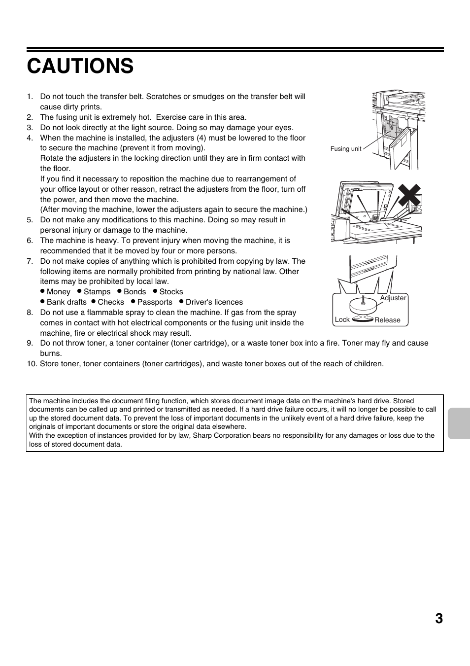 Cautions | Sharp MX-M1100 User Manual | Page 5 / 32