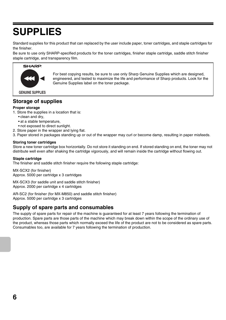 Supplies, Storage of supplies, Supply of spare parts and consumables | Sharp MX-M1100 User Manual | Page 8 / 32