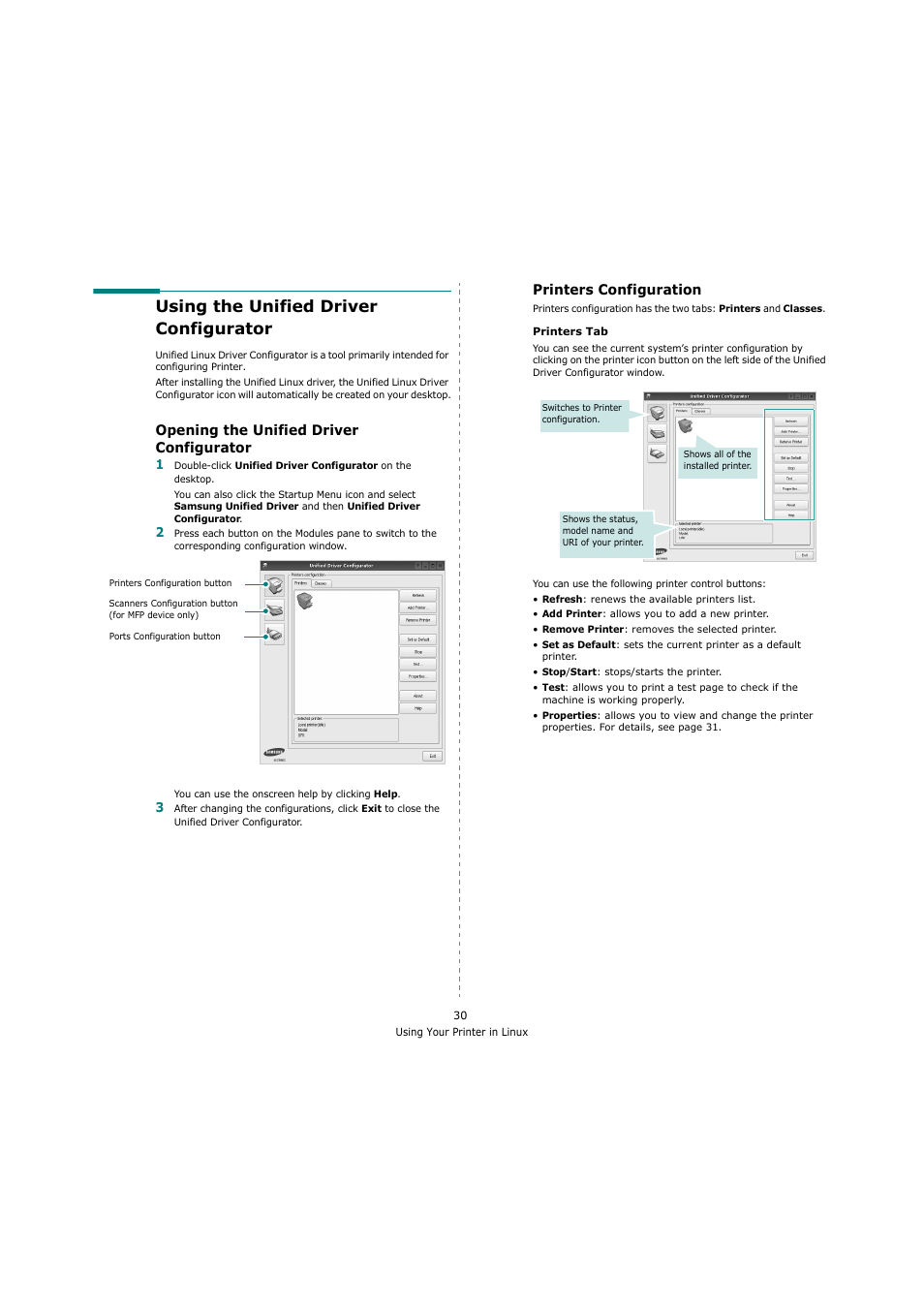 Using the unified driver configurator, Opening the unified driver configurator, Printers configuration | Sharp ML-4550 User Manual | Page 102 / 112