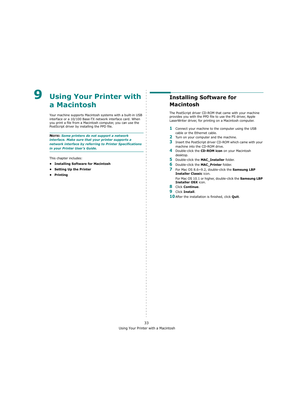Using your printer with a macintosh, Installing software for macintosh, Chapter 9 | Sharp ML-4550 User Manual | Page 105 / 112
