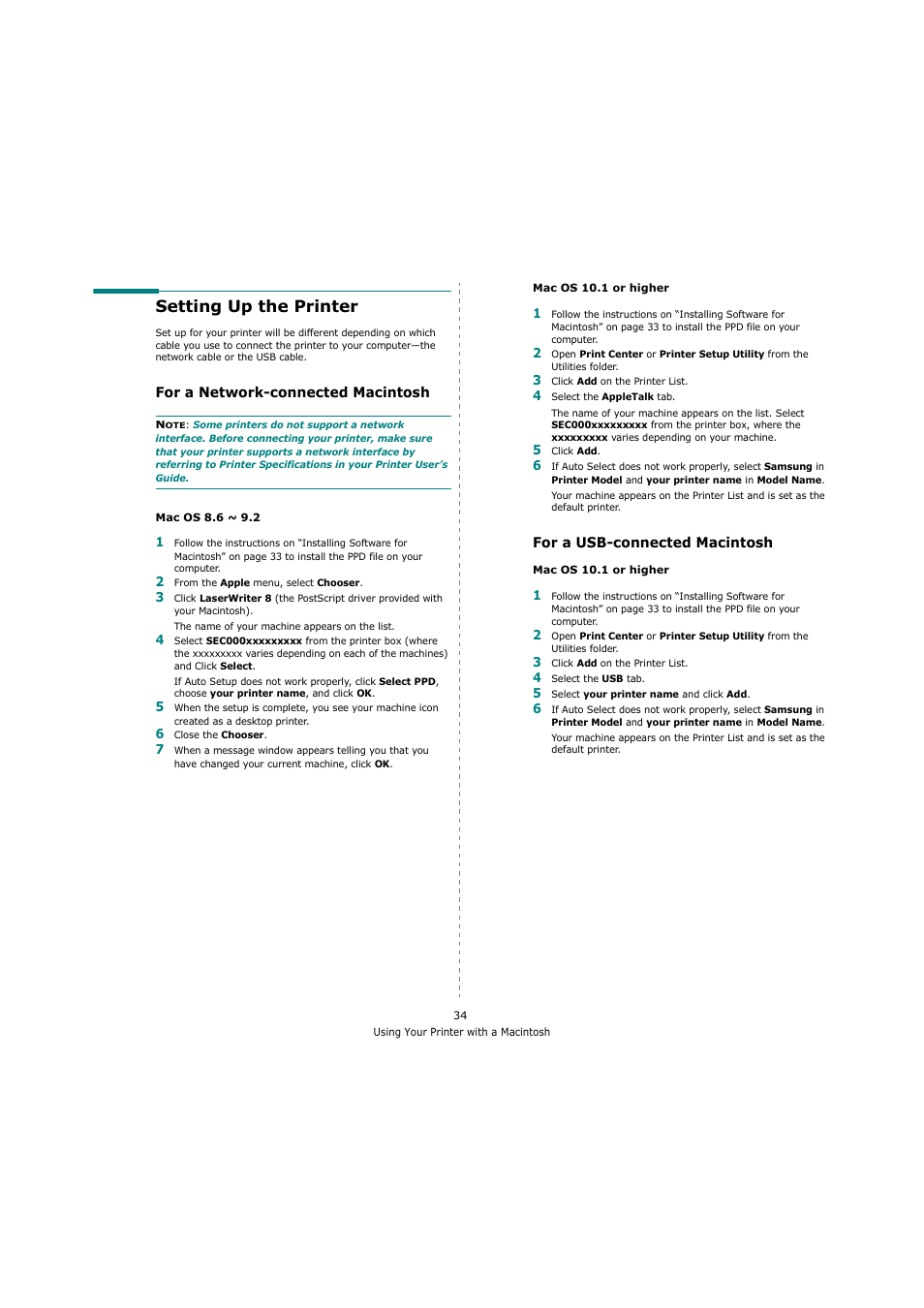 Setting up the printer, For a network-connected macintosh, For a usb-connected macintosh | Sharp ML-4550 User Manual | Page 106 / 112