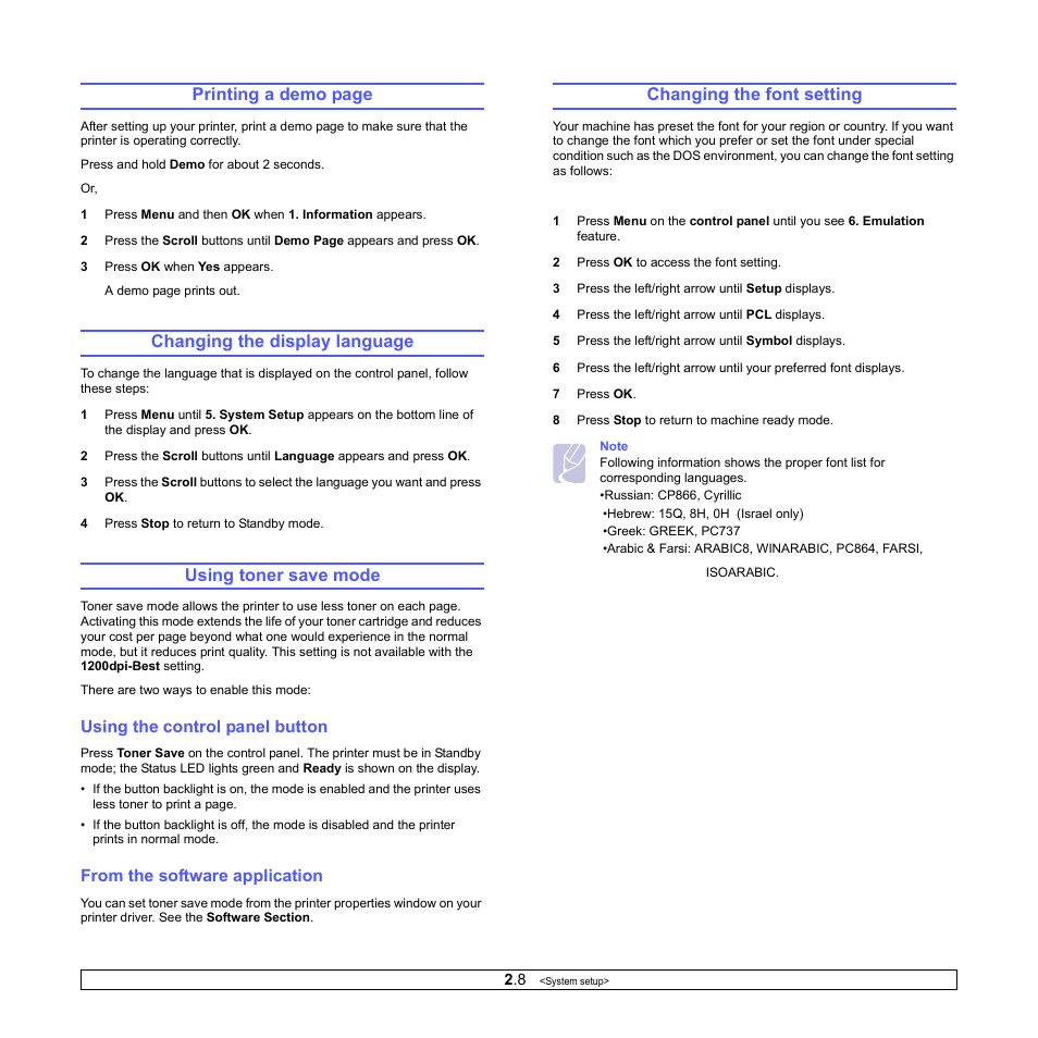 Changing the display language, Using toner save mode, Using the control panel button | From the software application, Changing the font setting, Printing a demo page | Sharp ML-4550 User Manual | Page 23 / 112