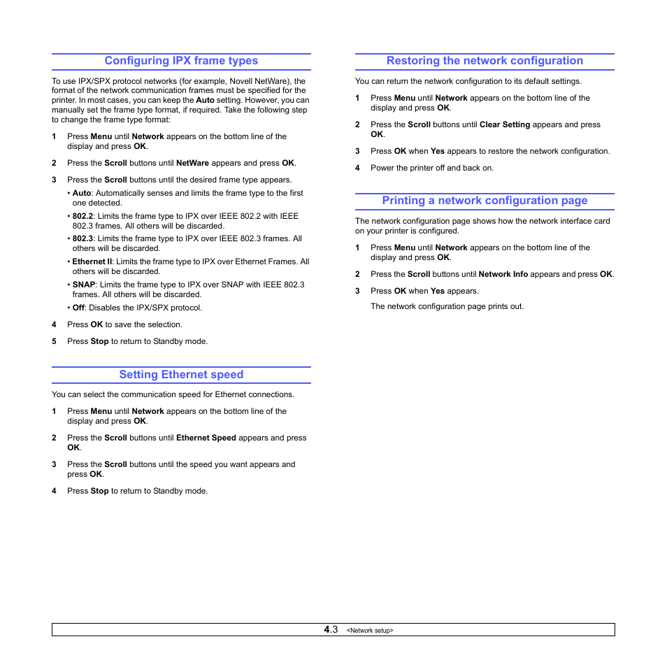Configuring ipx frame types, Setting ethernet speed, Restoring the network configuration | Printing a network configuration page | Sharp ML-4550 User Manual | Page 29 / 112