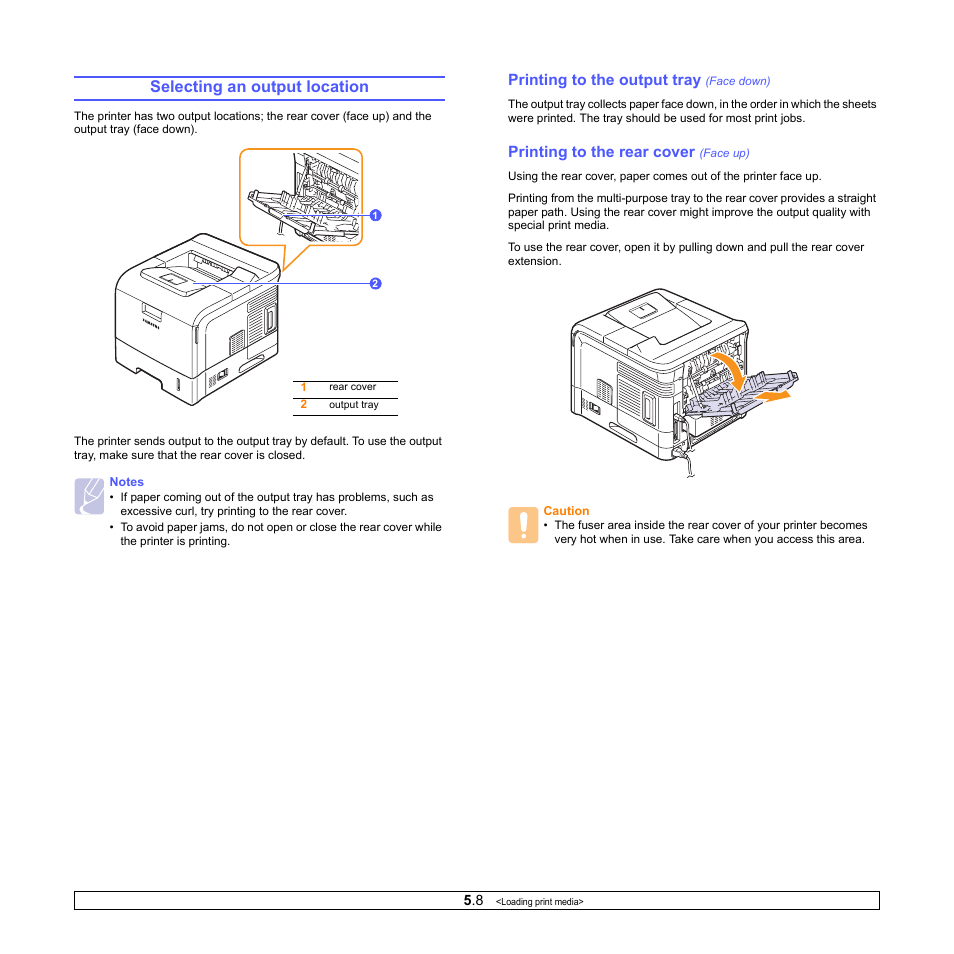 Selecting an output location, Printing to the output tray (face down), Printing to the rear cover (face up) | Printing to the output tray, Printing to the rear cover | Sharp ML-4550 User Manual | Page 37 / 112
