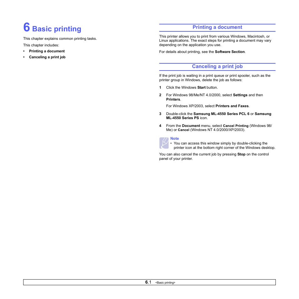 Basic printing, Printing a document, Canceling a print job | Printing a document canceling a print job | Sharp ML-4550 User Manual | Page 38 / 112
