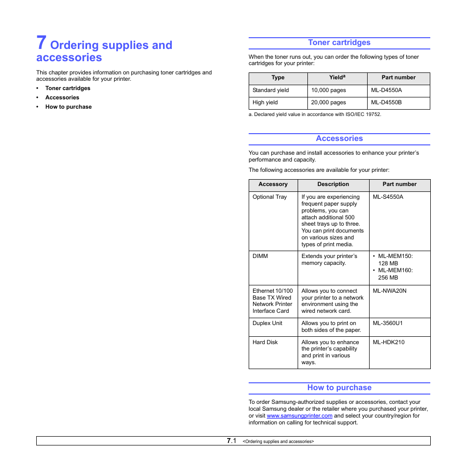 Ordering supplies and accessories, Toner cartridges, Accessories | How to purchase, Toner cartridges accessories how to purchase | Sharp ML-4550 User Manual | Page 39 / 112