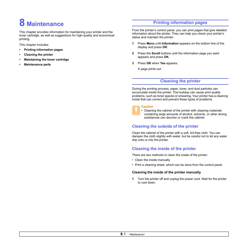 Maintenance, Cleaning the printer, Cleaning the outside of the printer | Cleaning the inside of the printer | Sharp ML-4550 User Manual | Page 40 / 112