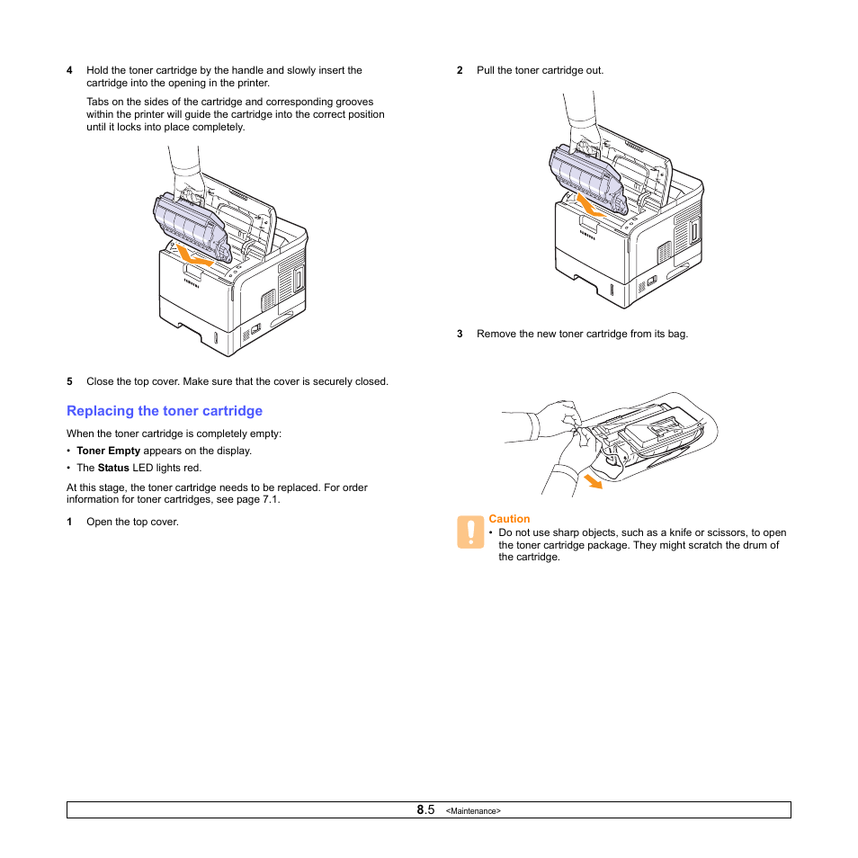 Replacing the toner cartridge | Sharp ML-4550 User Manual | Page 44 / 112