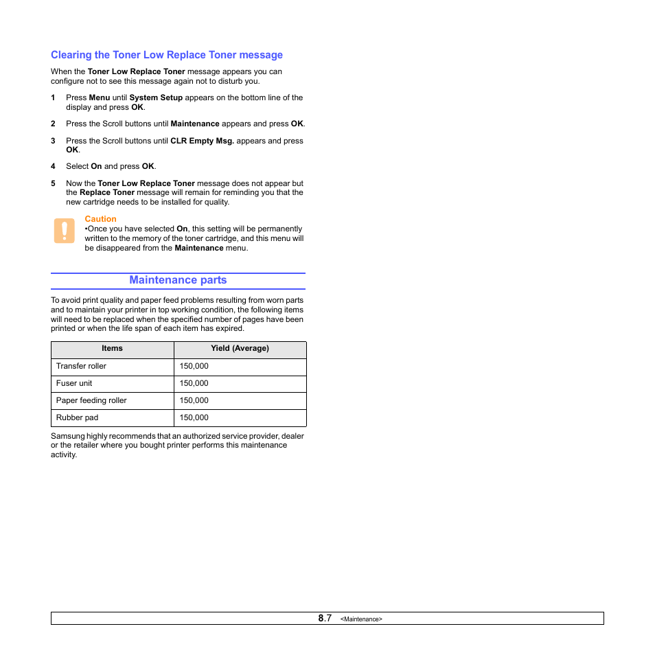 Clearing the toner low replace toner message, Maintenance parts | Sharp ML-4550 User Manual | Page 46 / 112