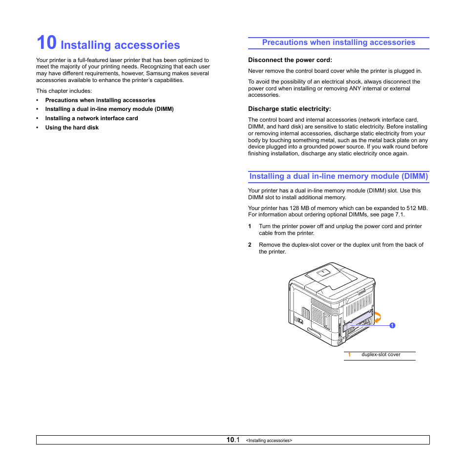 Installing accessories, Precautions when installing accessories, Installing a dual in-line memory module (dimm) | Sharp ML-4550 User Manual | Page 61 / 112