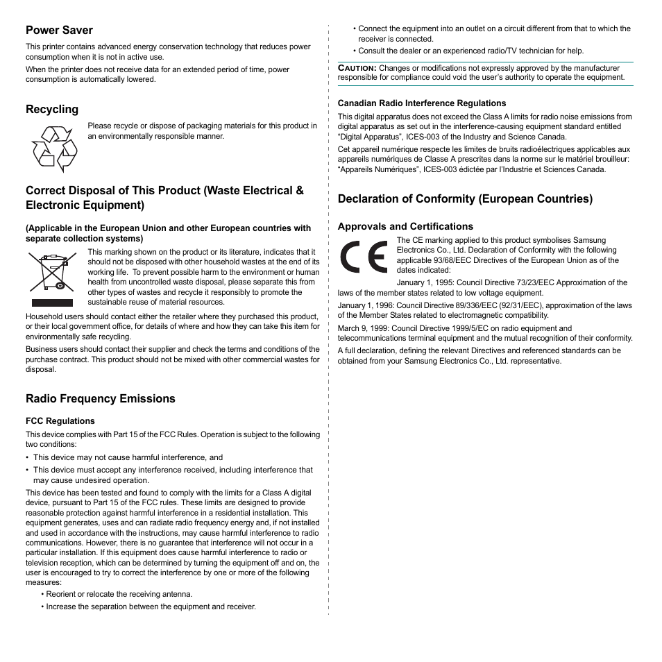 Power saver, Recycling, Radio frequency emissions | Declaration of conformity (european countries) | Sharp ML-4550 User Manual | Page 8 / 112