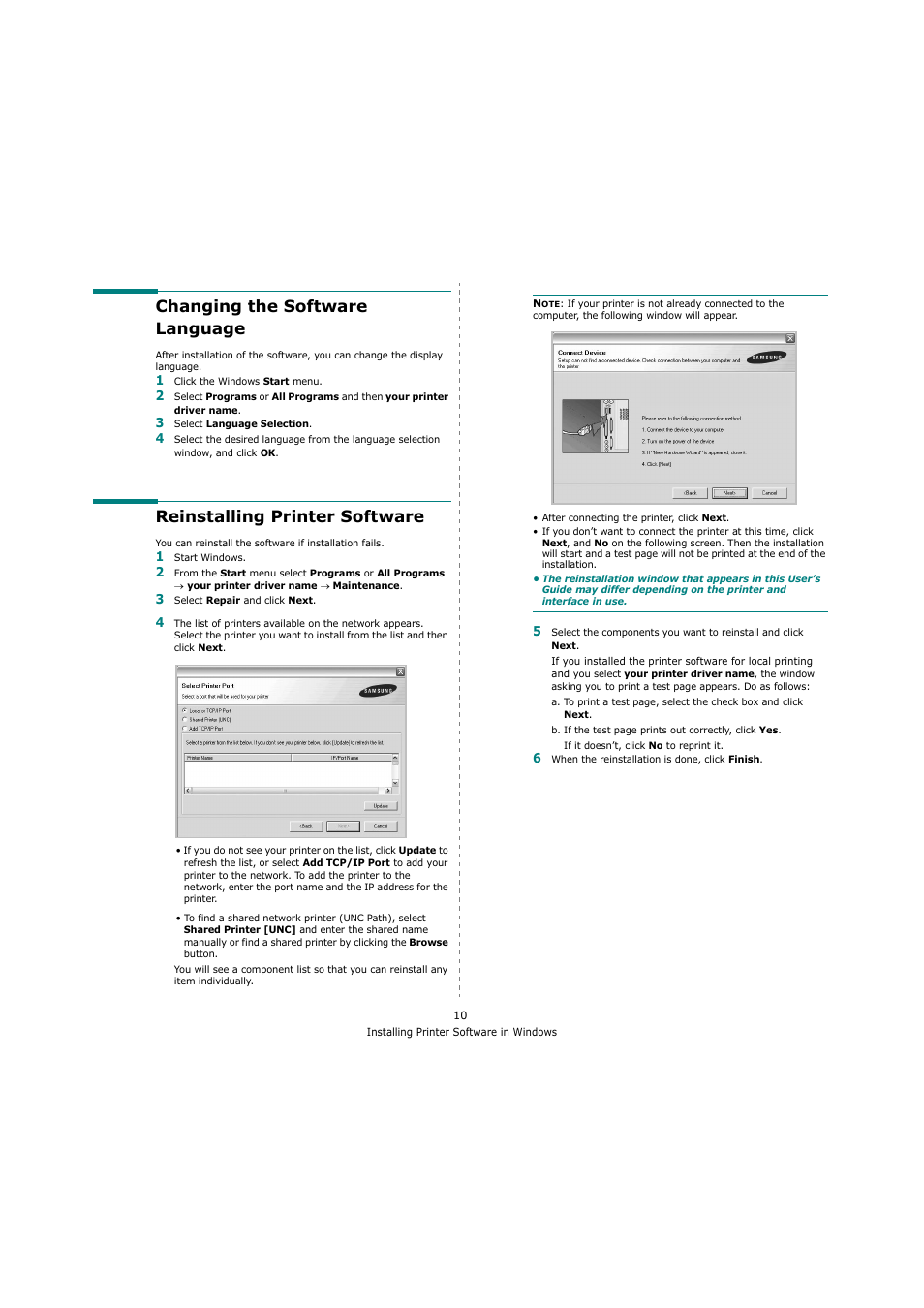 Changing the software language, Reinstalling printer software | Sharp ML-4550 User Manual | Page 82 / 112