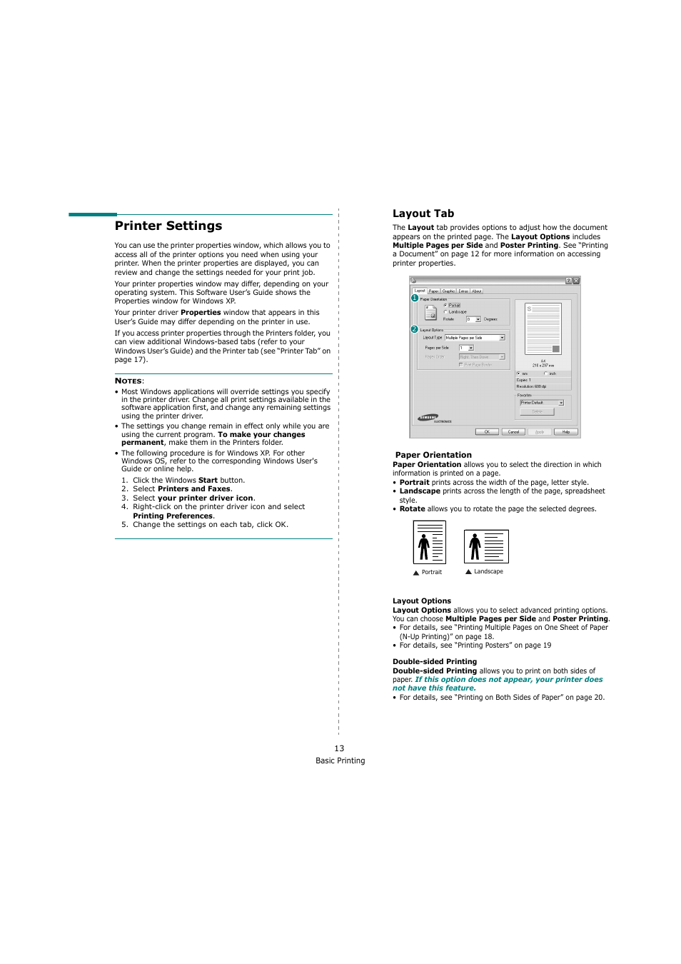 Printer settings, Layout tab, Ee “printer | Sharp ML-4550 User Manual | Page 85 / 112