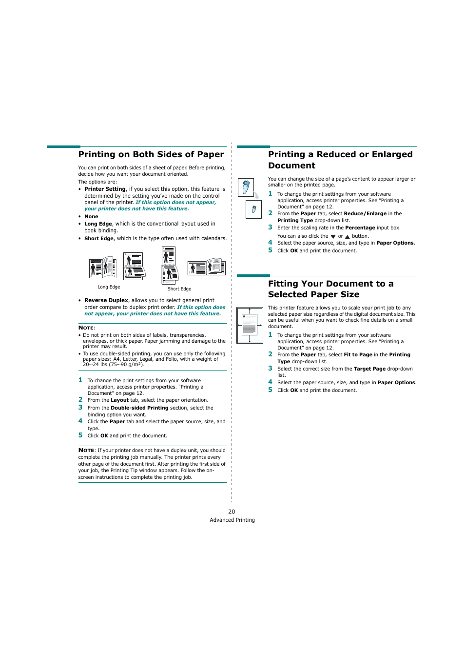 Printing on both sides of paper, Printing a reduced or enlarged document, Fitting your document to a selected paper size | Printing a reduced or enlarged document” on, Fitting your document to a selected paper | Sharp ML-4550 User Manual | Page 92 / 112