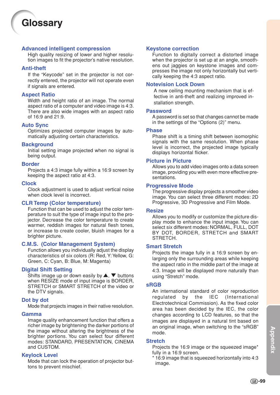 Glossary | Sharp XG-C58X User Manual | Page 103 / 105