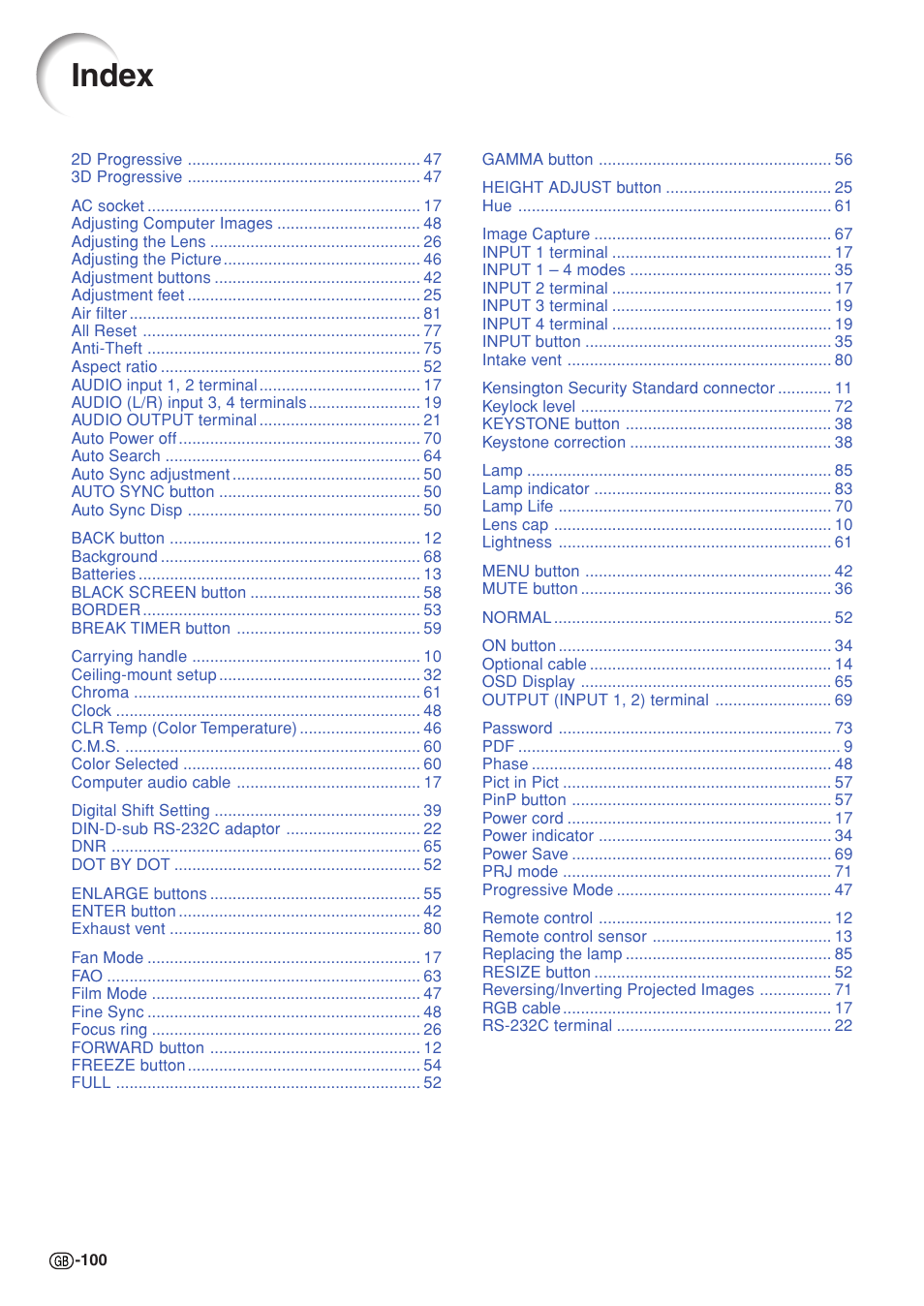 Index | Sharp XG-C58X User Manual | Page 104 / 105