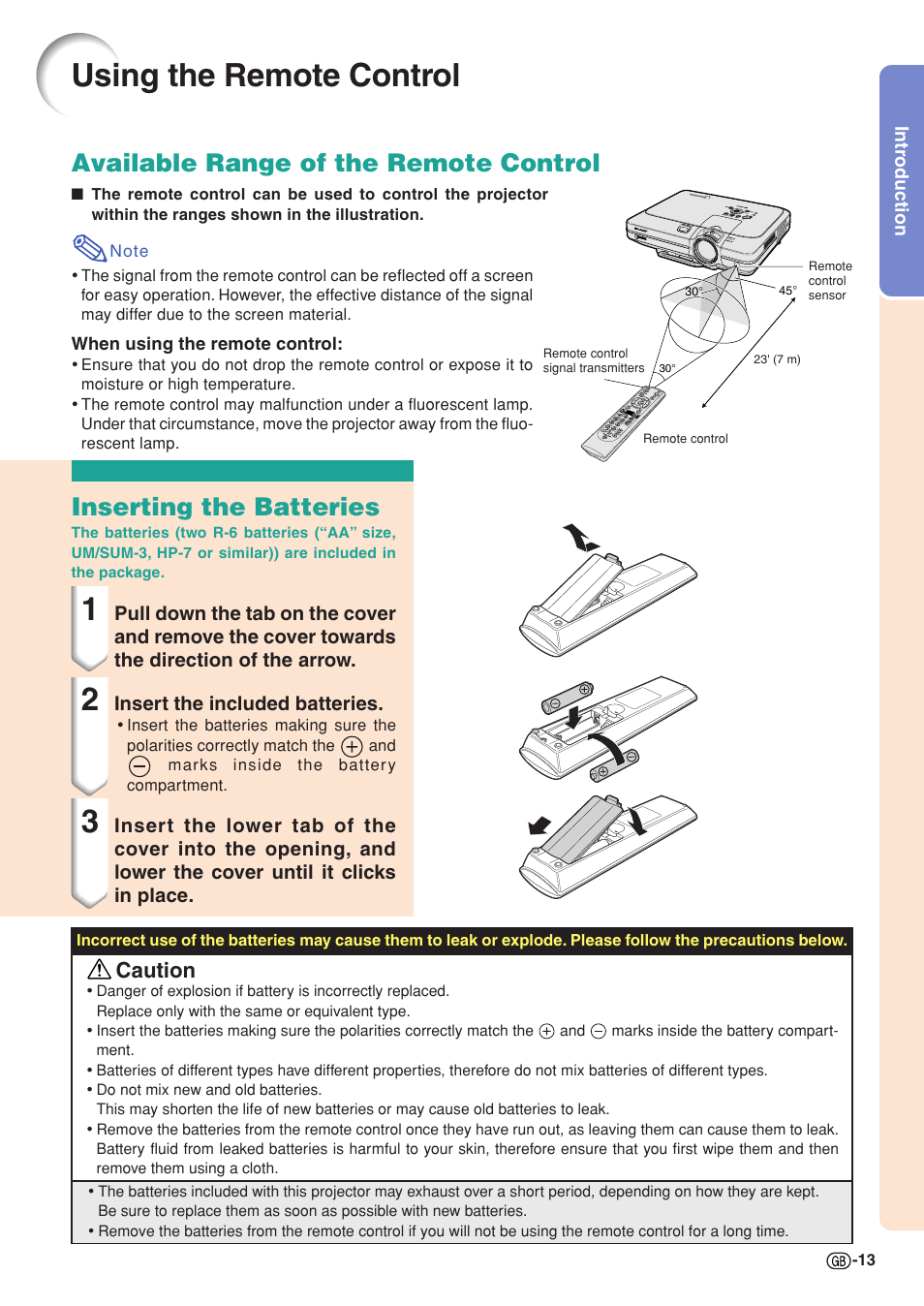 Using the remote control, Inserting the batteries, Available range of the remote control | Caution | Sharp XG-C58X User Manual | Page 17 / 105