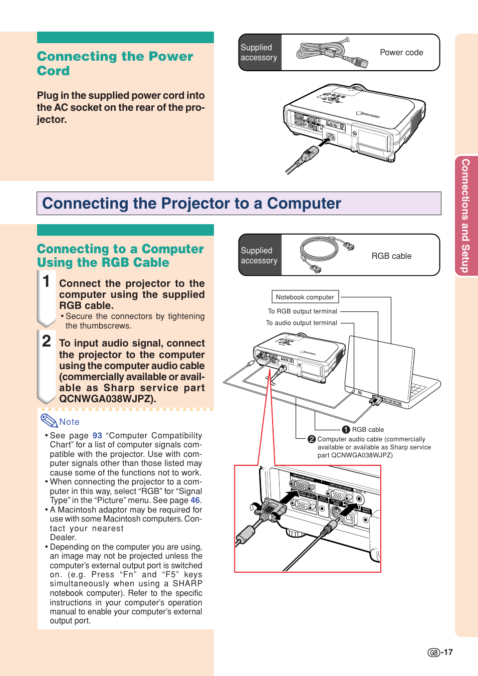 Connecting the projector to a computer, Connecting the power cord, Connecting to a computer using the rgb cable | Sharp XG-C58X User Manual | Page 21 / 105