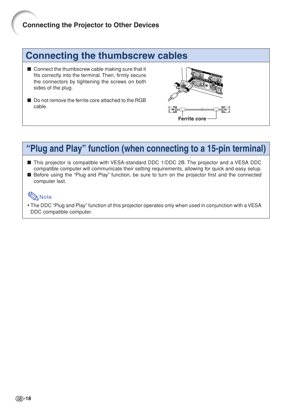 Connecting the thumbscrew cables, Connecting the projector to other devices | Sharp XG-C58X User Manual | Page 22 / 105