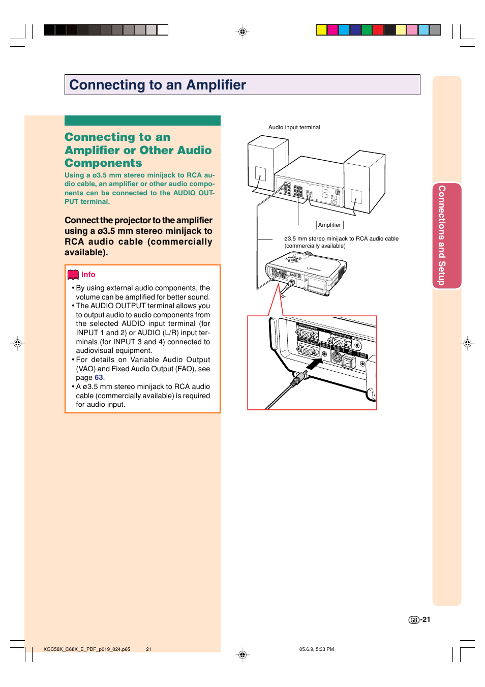 Connecting to an amplifier, Connections and setup | Sharp XG-C58X User Manual | Page 25 / 105
