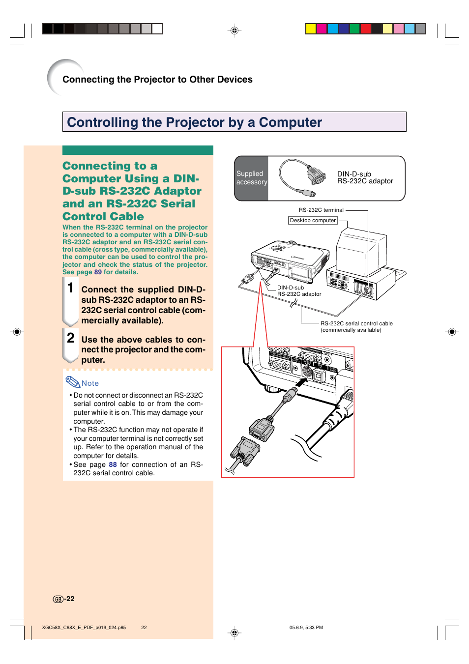 Controlling the projector by a computer, Connecting the projector to other devices | Sharp XG-C58X User Manual | Page 26 / 105