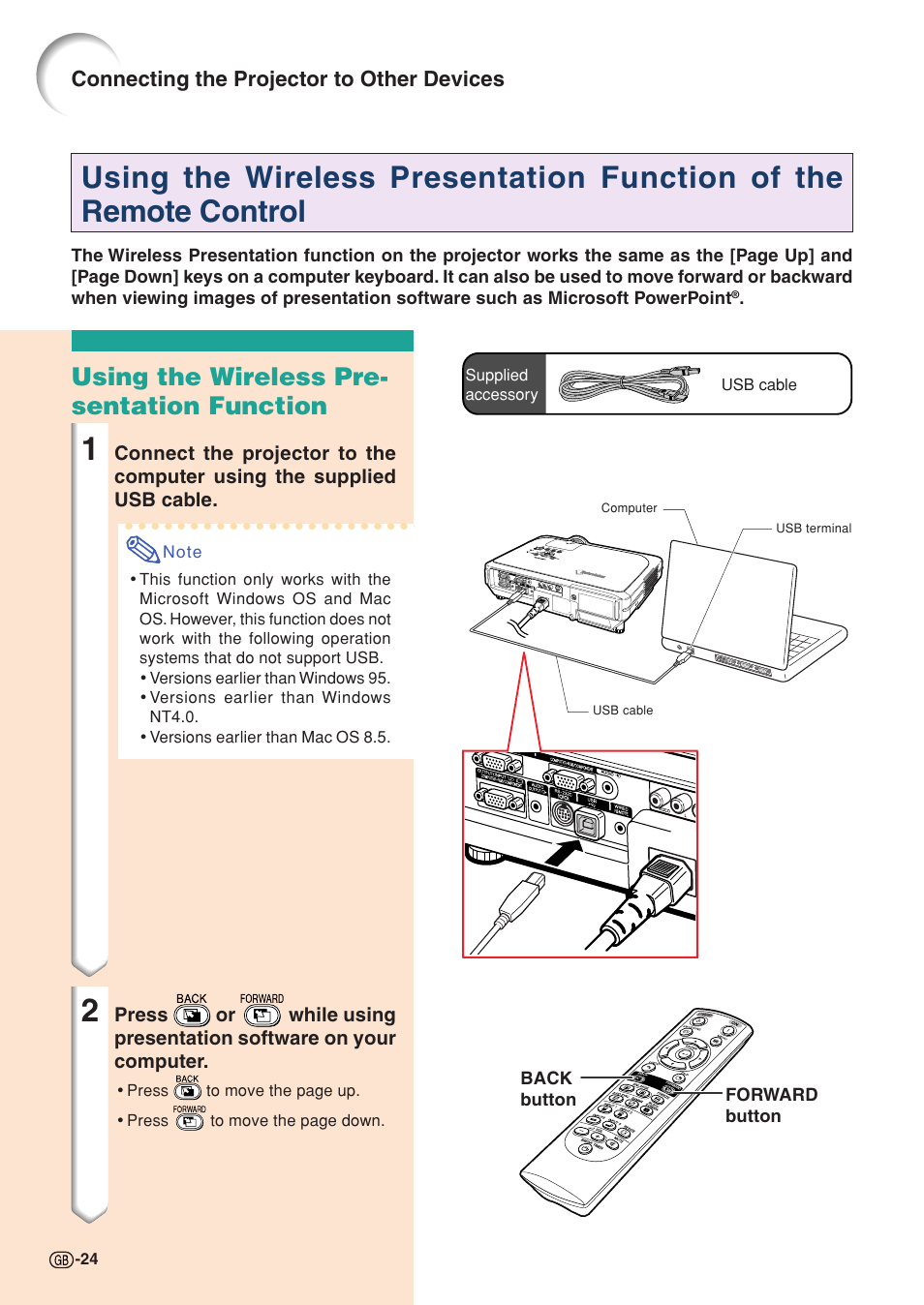 Using the wireless pre- sentation function, Connecting the projector to other devices | Sharp XG-C58X User Manual | Page 28 / 105