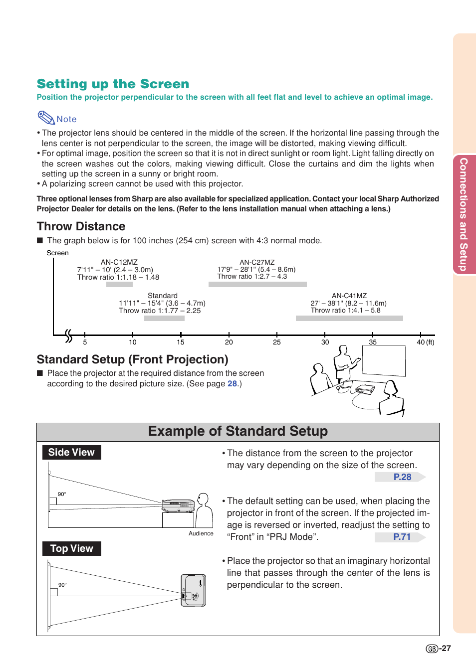 Example of standard setup, Setting up the screen, Throw distance | Standard setup (front projection), Connections and setup, Side view top view | Sharp XG-C58X User Manual | Page 31 / 105