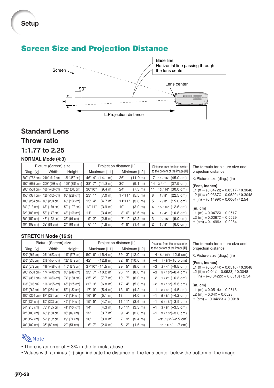 Screen size and projection distance, Setup, 28 h | Stretch mode (16:9), Normal mode (4:3) | Sharp XG-C58X User Manual | Page 32 / 105