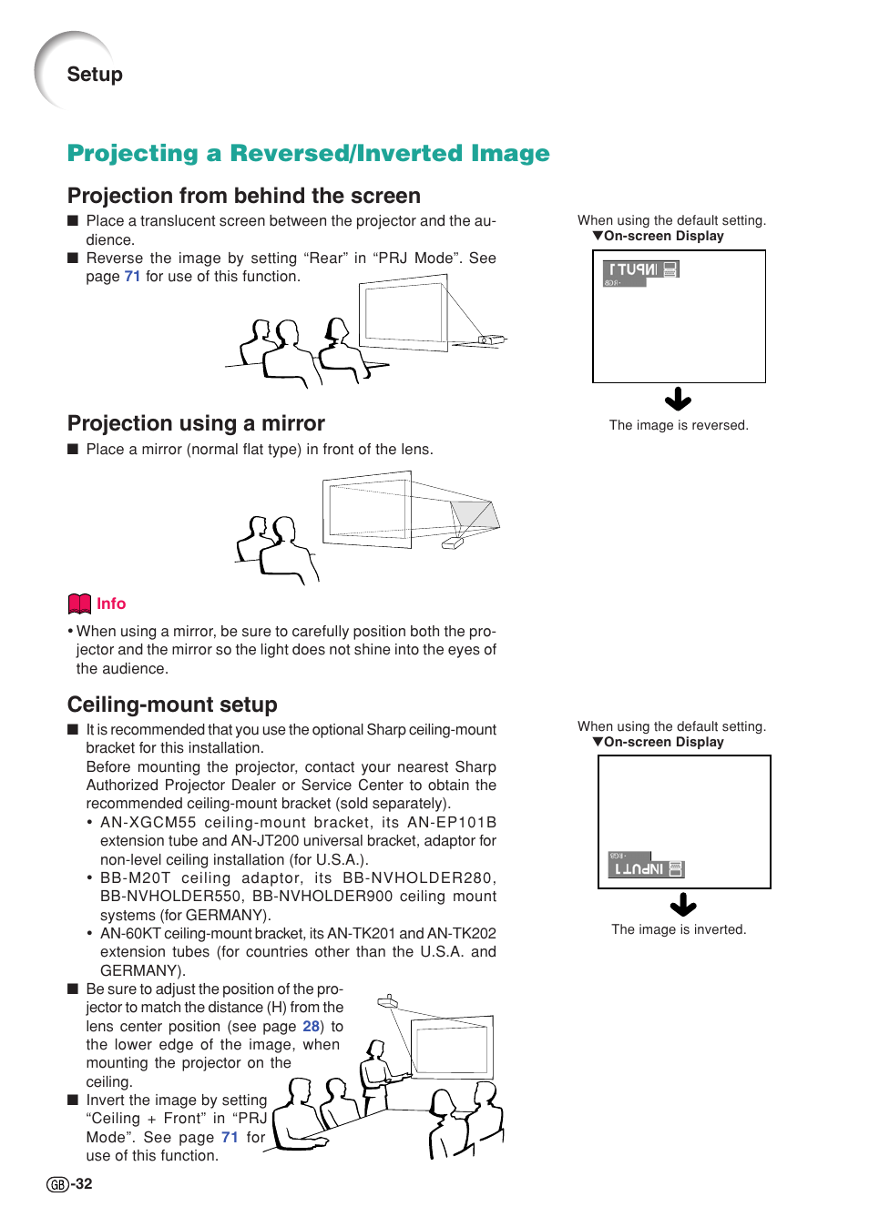 Projecting a reversed/inverted image, Projection from behind the screen, Projection using a mirror | Ceiling-mount setup, Setup | Sharp XG-C58X User Manual | Page 36 / 105