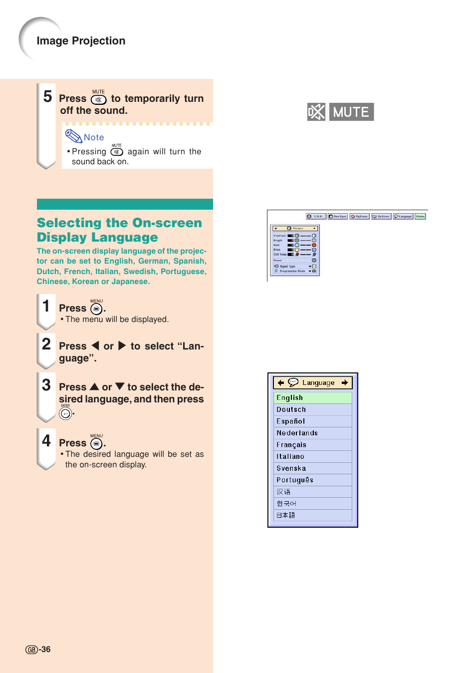 Selecting the on-screen display language | Sharp XG-C58X User Manual | Page 40 / 105