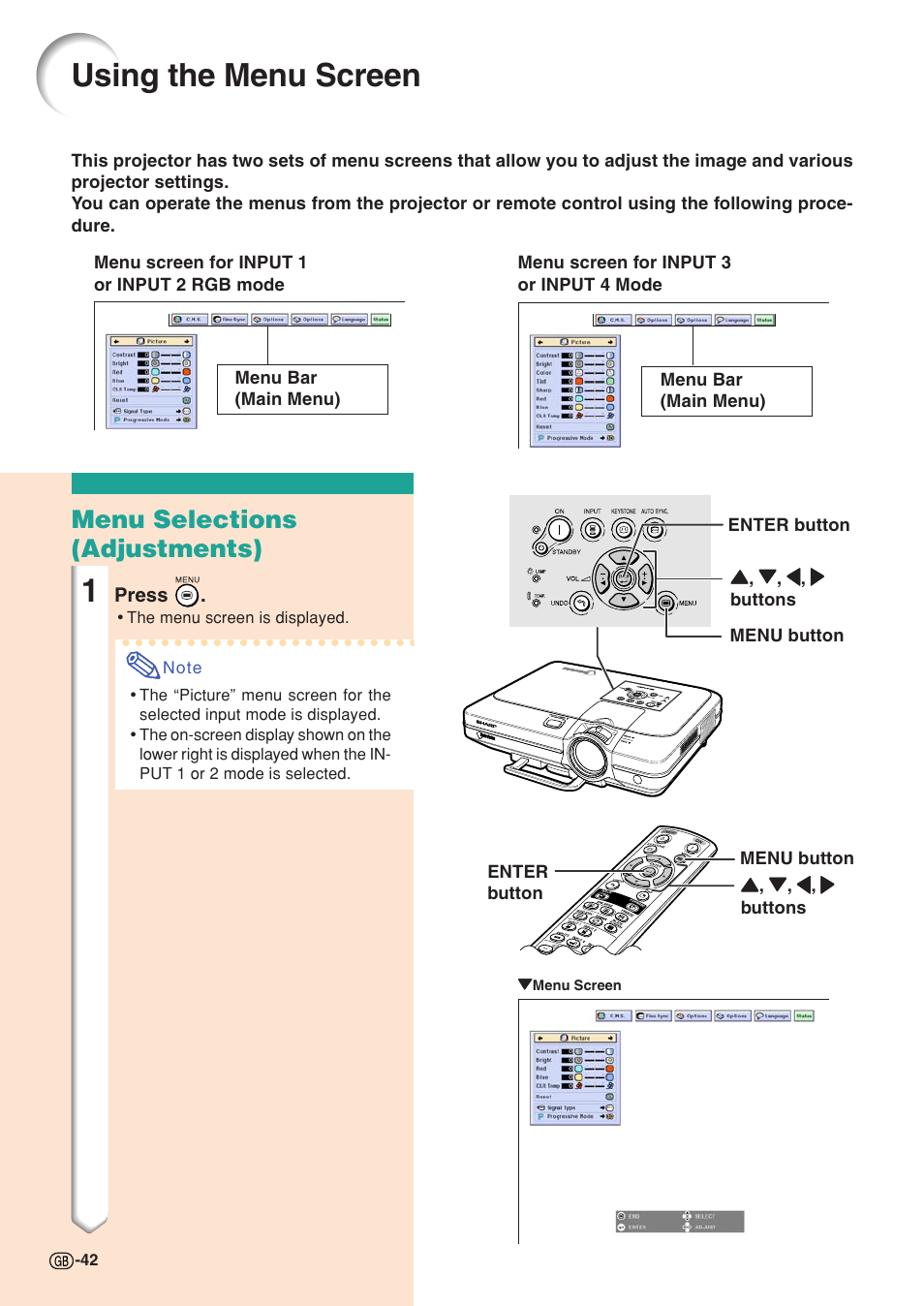 Using the menu screen, Menu selections (adjustments) | Sharp XG-C58X User Manual | Page 46 / 105