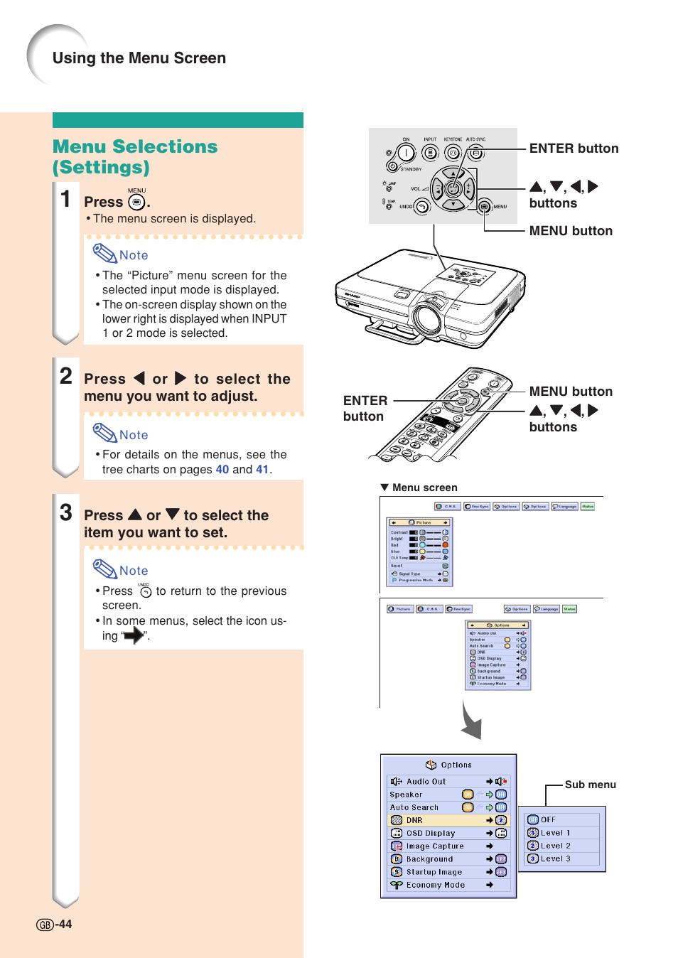 Menu selections (settings) | Sharp XG-C58X User Manual | Page 48 / 105