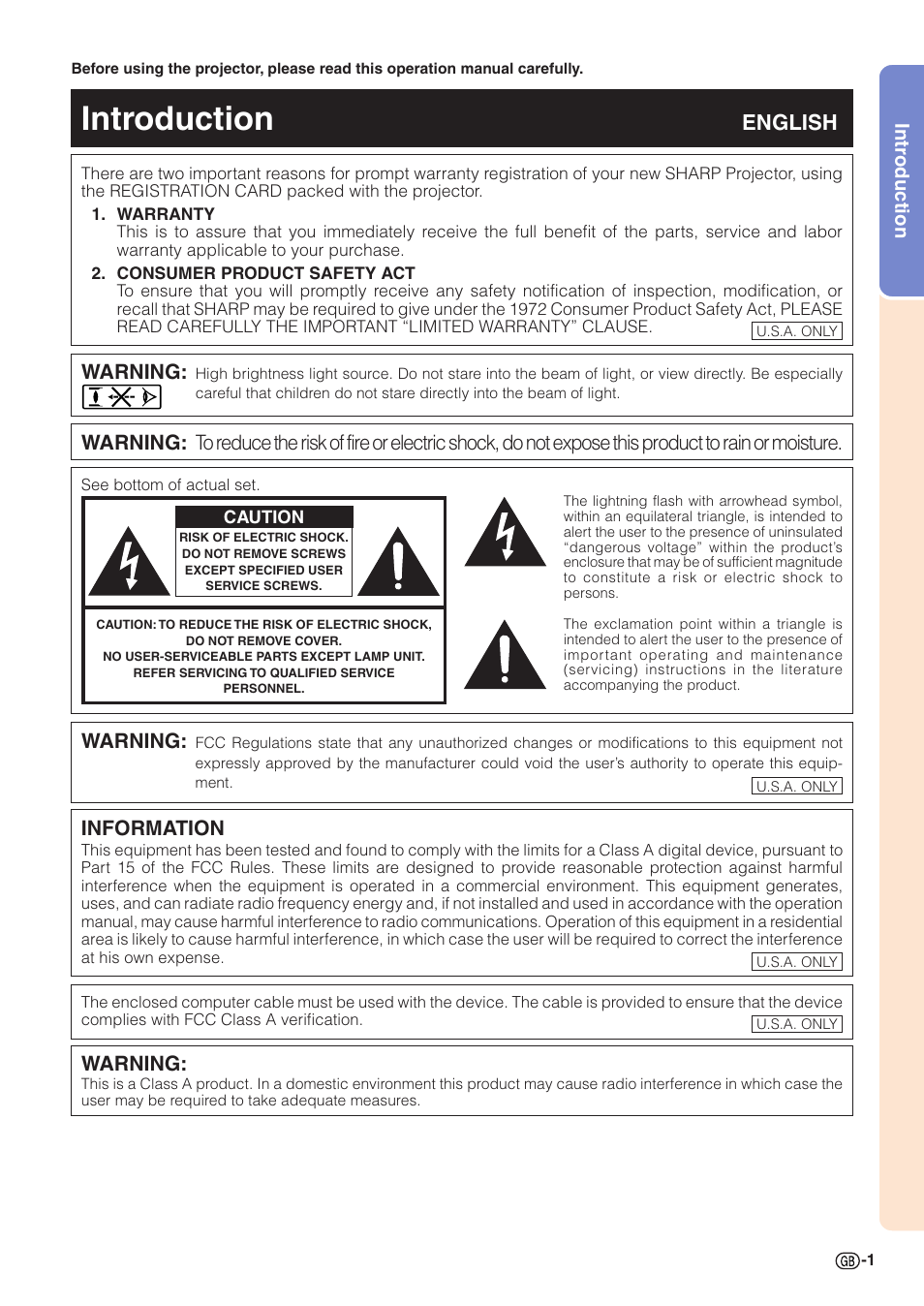 Introduction, English, Warning | Information, Intr oduction | Sharp XG-C58X User Manual | Page 5 / 105