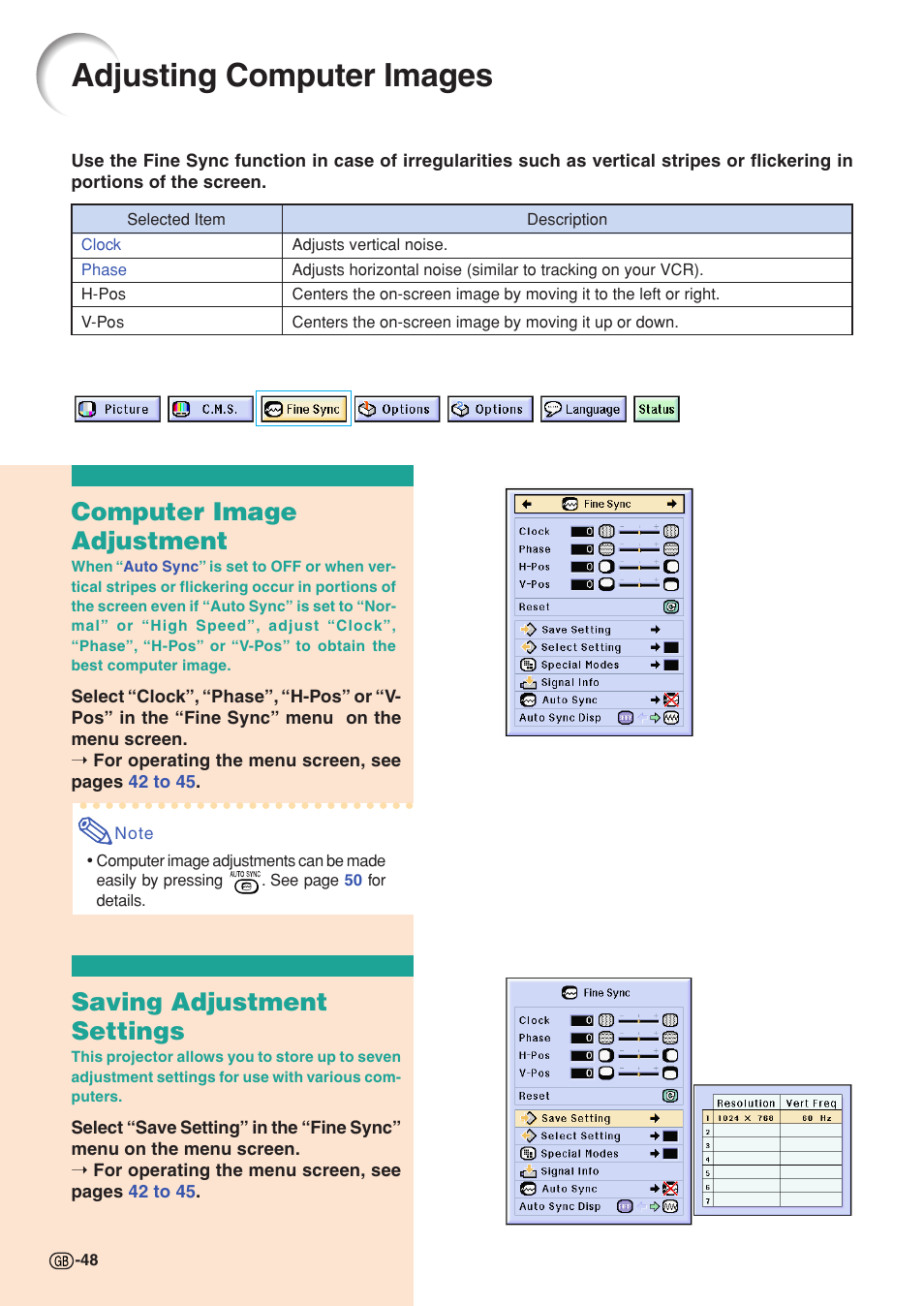 Adjusting computer images, Computer image adjustment, Saving adjustment settings | Sharp XG-C58X User Manual | Page 52 / 105