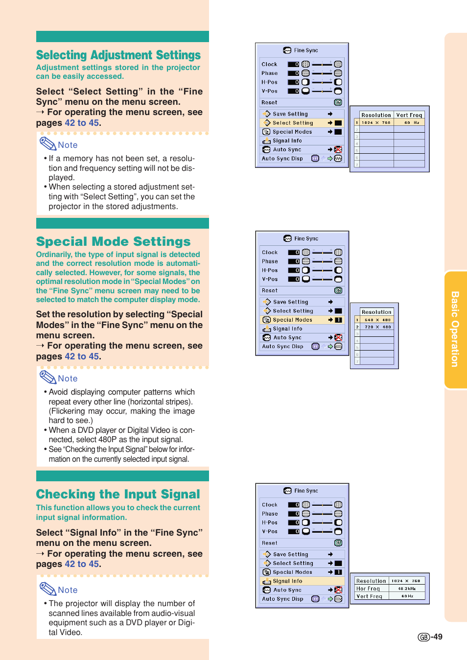 Selecting adjustment settings, Special mode settings, Checking the input signal | Sharp XG-C58X User Manual | Page 53 / 105