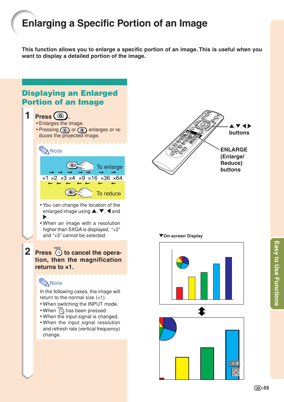 Enlarging a specific portion of an image, Displaying an enlarged portion of an image | Sharp XG-C58X User Manual | Page 59 / 105