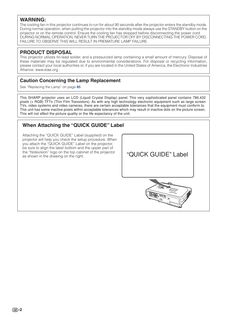 Quick guide” label, Warning, Product disposal | When attaching the “quick guide” label | Sharp XG-C58X User Manual | Page 6 / 105