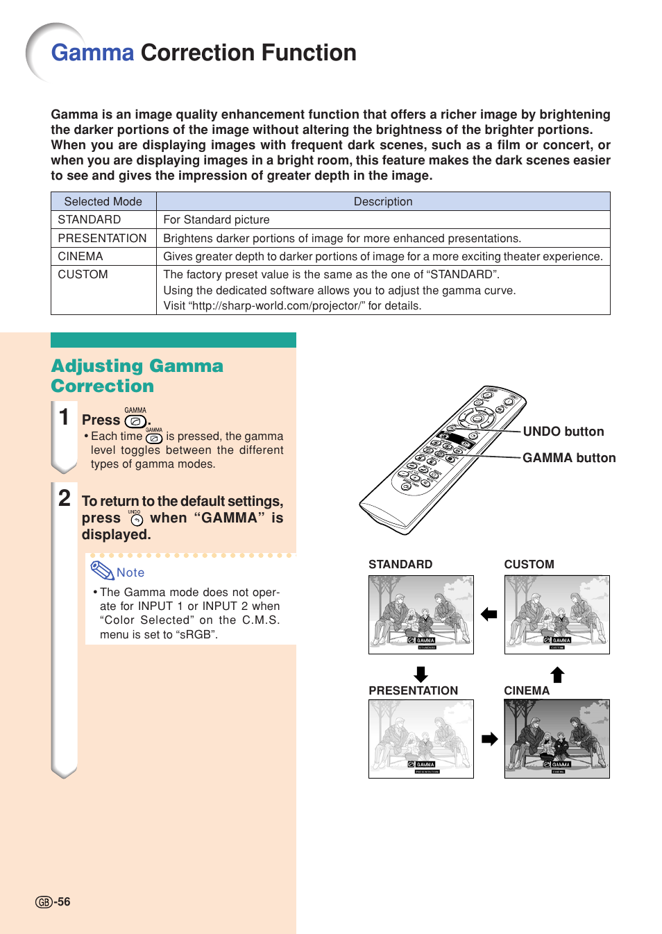 Gamma correction function, Adjusting gamma correction | Sharp XG-C58X User Manual | Page 60 / 105