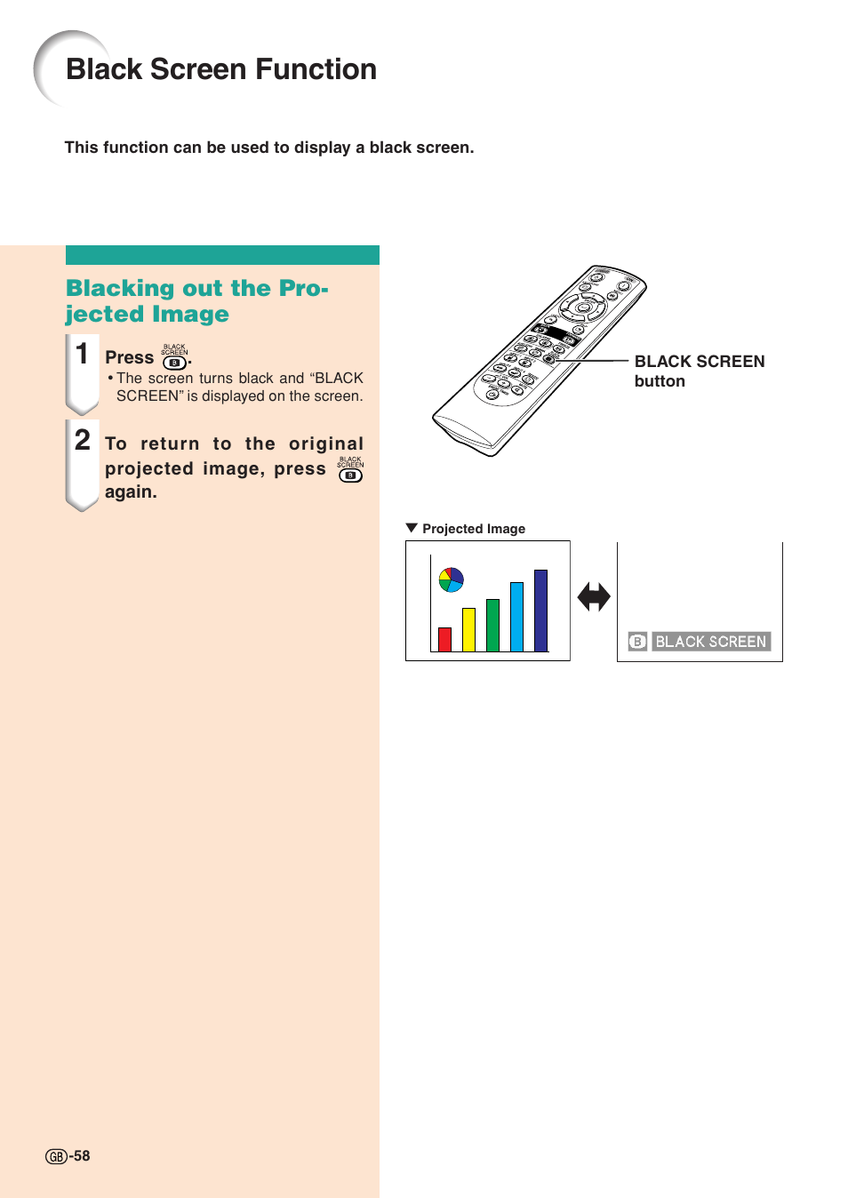 Black screen function, Blacking out the pro- jected image | Sharp XG-C58X User Manual | Page 62 / 105