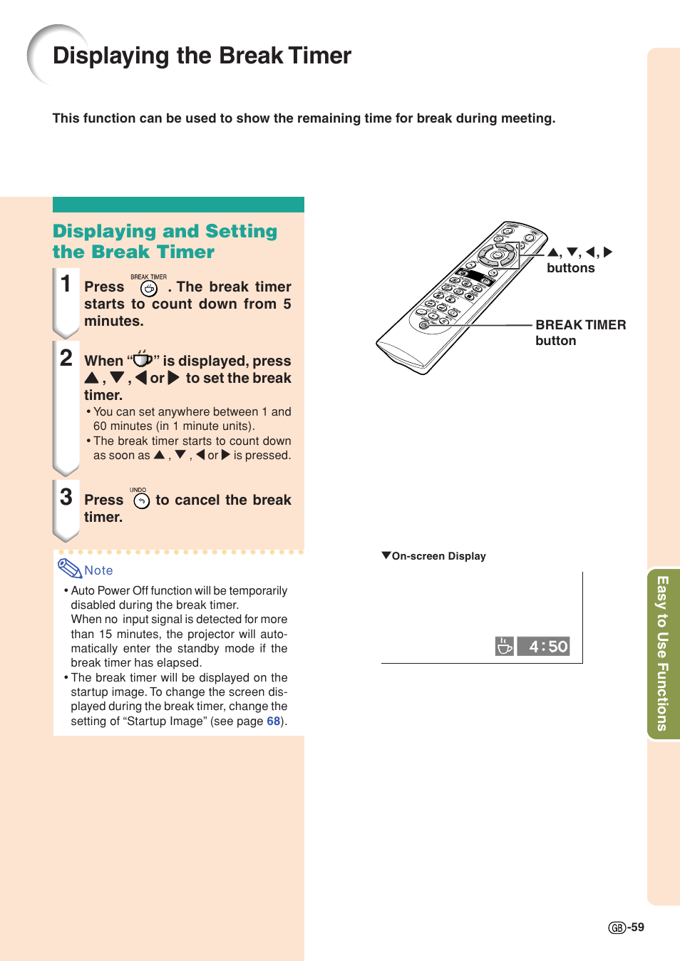 Displaying the break timer, Displaying and setting the break timer | Sharp XG-C58X User Manual | Page 63 / 105