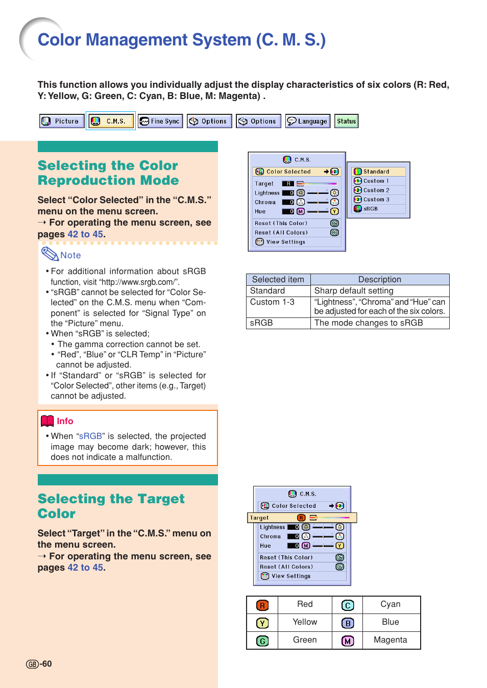 Color management system (c. m. s.), Selecting the color reproduction mode, Selecting the target color | Sharp XG-C58X User Manual | Page 64 / 105