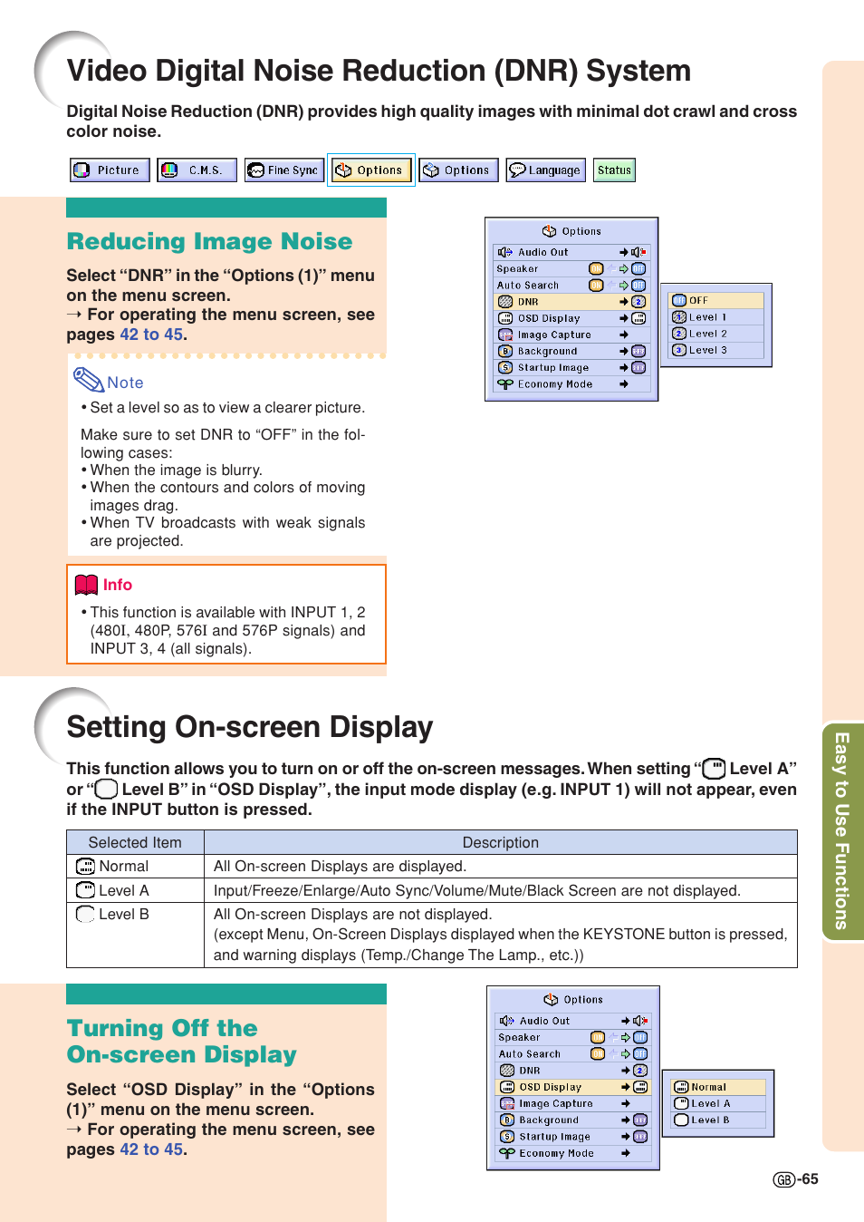 Video digital noise reduction (dnr) system, Setting on-screen display, Reducing image noise | Turning off the on-screen display | Sharp XG-C58X User Manual | Page 69 / 105