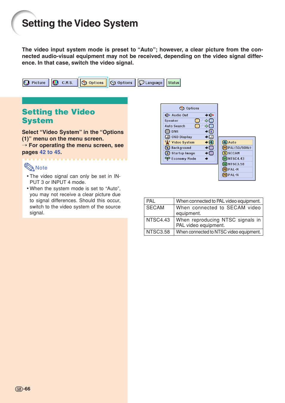 Setting the video system | Sharp XG-C58X User Manual | Page 70 / 105