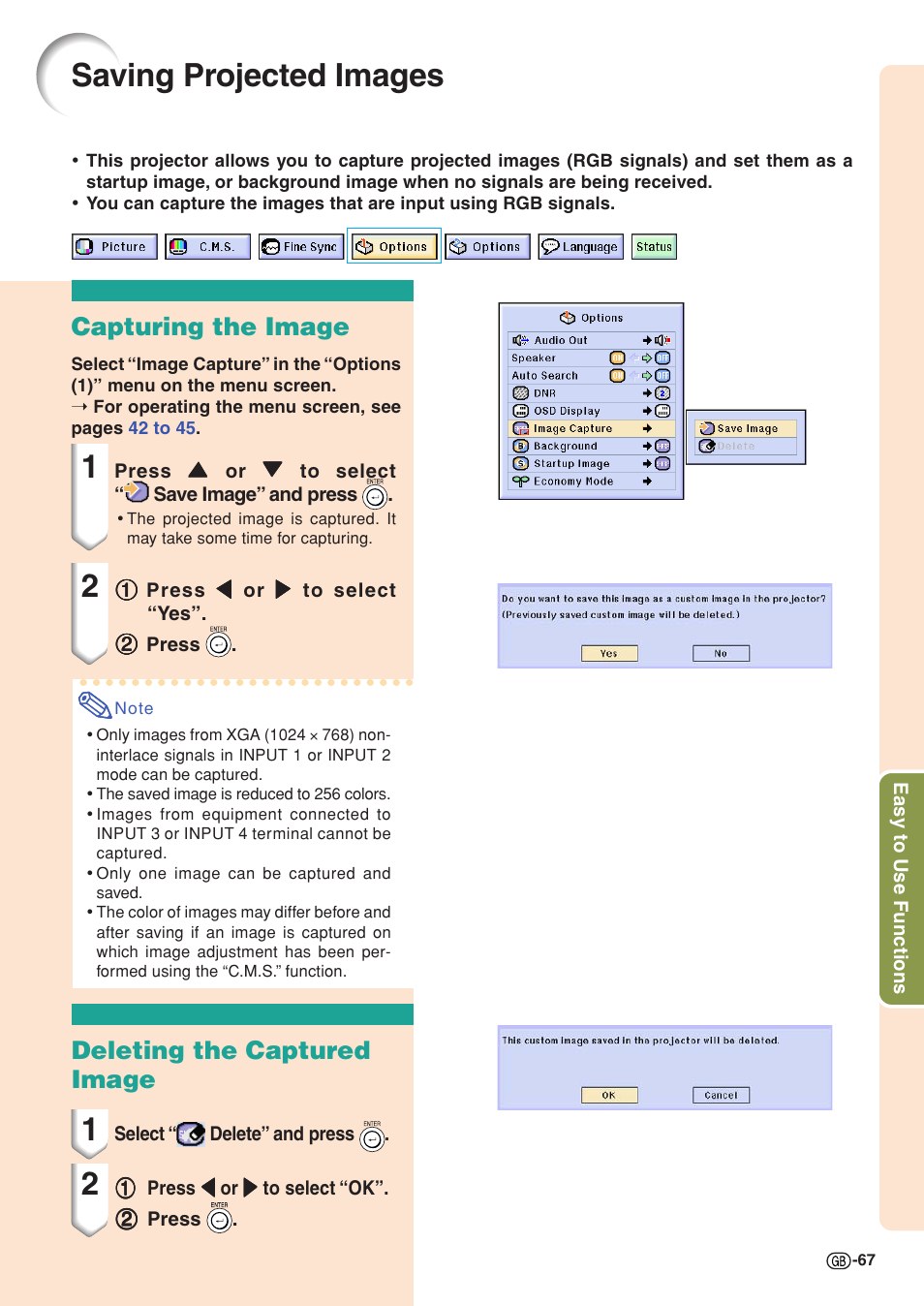 Saving projected images, Capturing the image, Deleting the captured image | Sharp XG-C58X User Manual | Page 71 / 105