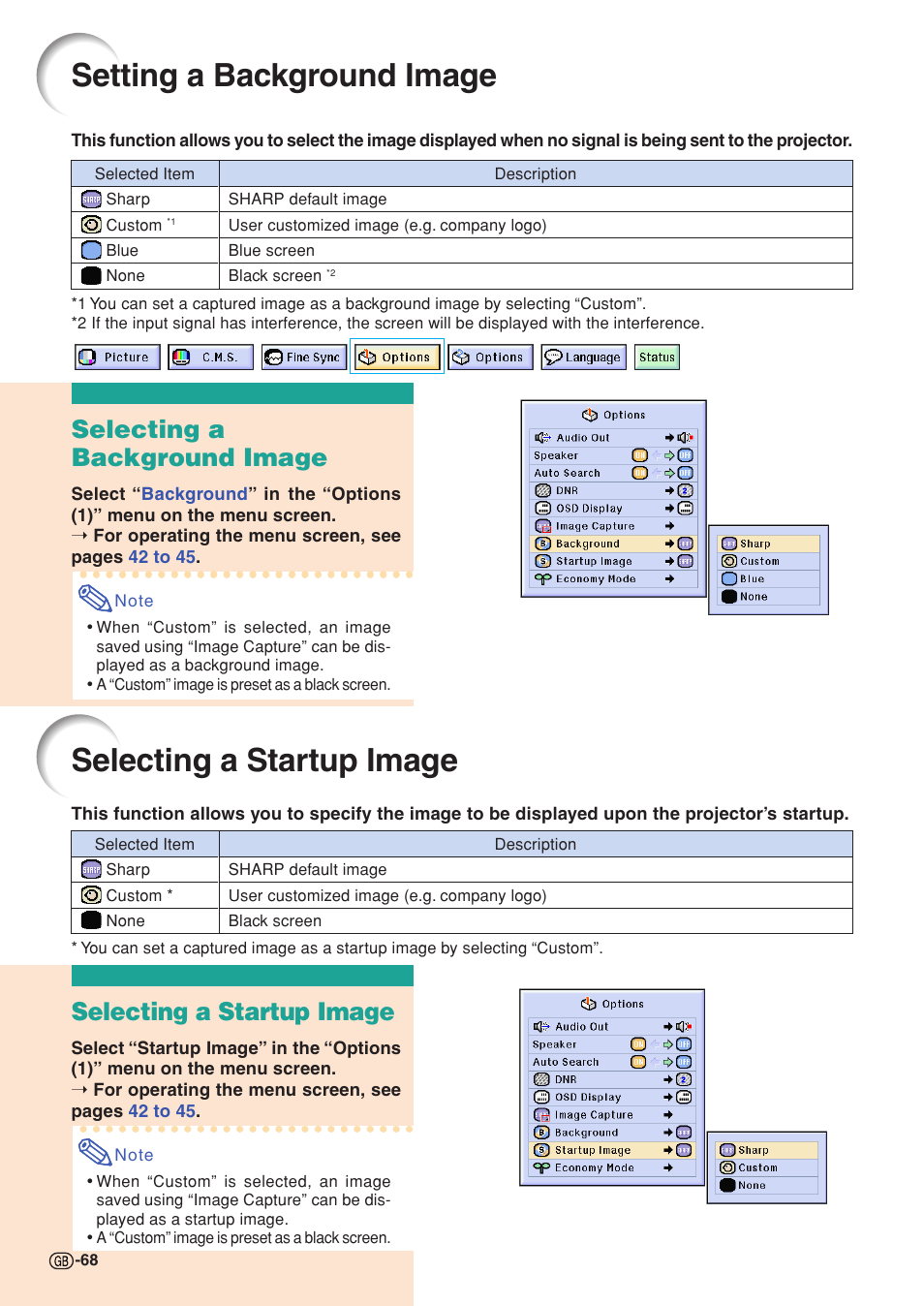 Setting a background image, Selecting a startup image, Selecting a background image | Sharp XG-C58X User Manual | Page 72 / 105