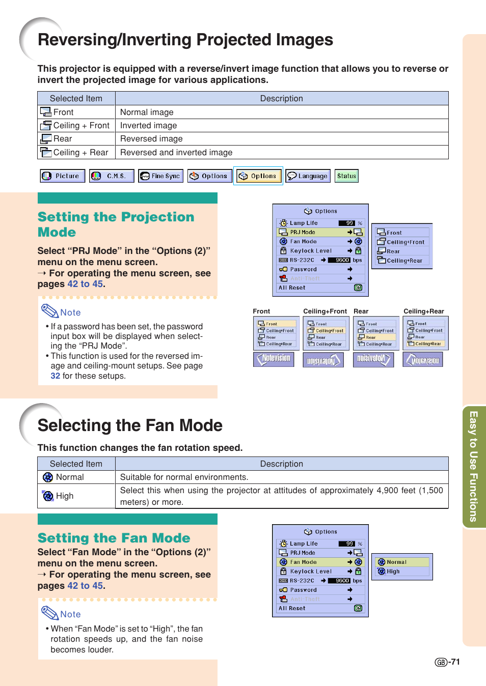 Reversing/inverting projected images, Selecting the fan mode, Setting the projection mode | Setting the fan mode | Sharp XG-C58X User Manual | Page 75 / 105